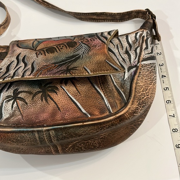 Sova Hand-painted Leather Crossbody. Never  used. Earth tone with silver accent - Picture 8 of 15